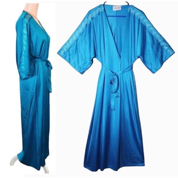 VTG 70s VF Teal Paisley Embroidered Wide Sleeve Long Nylon Robe Small - Picture 4 of 17